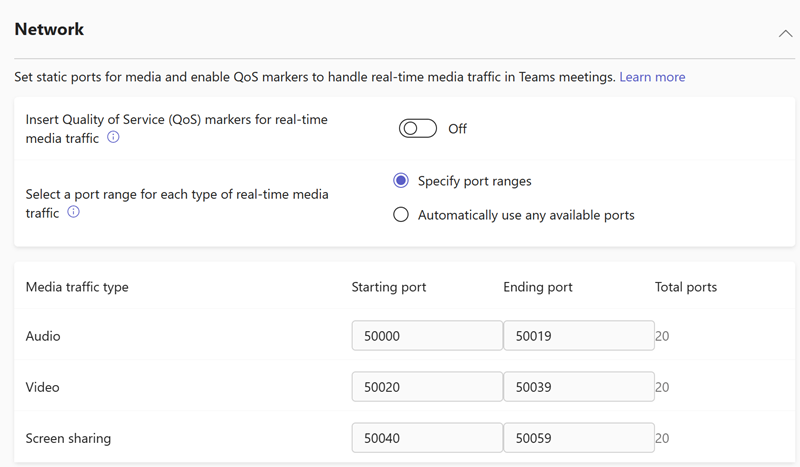 Screenshot of Teams meeting network settings in the Teams admin center.