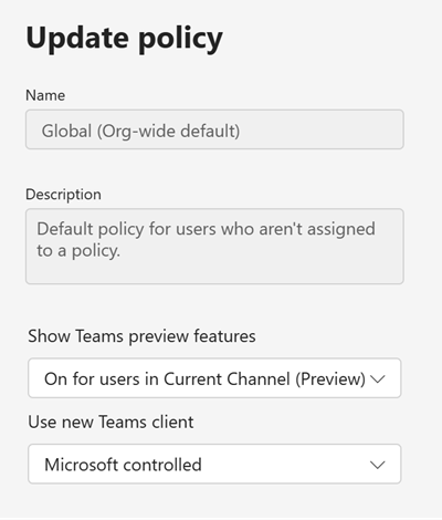 Screenshot of Teams update policy in the Teams admin center.