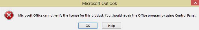 Screenshot of the error message that states that Microsoft Office cannot verify the license for this product.