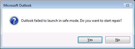 You receive a message that states that Outlook failed to launch in safe mode.