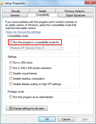 Screenshot shows steps to clear the Run this program in compatibility mode for check box.