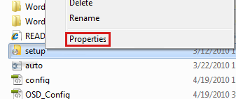 Screenshot to select the Properties option after selecting the Setup.exe file.