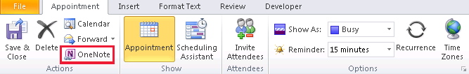 The OneNote button on a Calendar item in Outlook 2010.