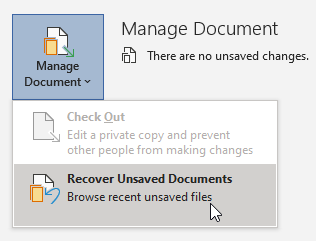 Screenshot shows the Manage Document option, with Recover Unsaved Documents selected.