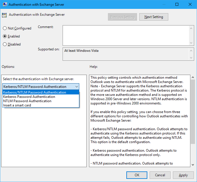 Screenshot of Authentication with Exchange Server setting window when you set the authentication setting to Kerberos/NTLM Password Authentication.