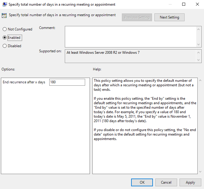 Screenshot of the Specify total number of days in a recurring meeting or appointment dialog box.