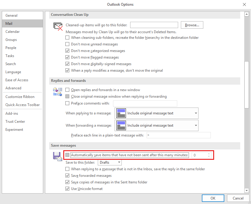 Screenshot of Mail settings in Outlook Options.
