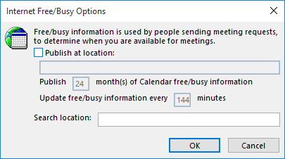 Screenshot of the Internet Free/Busy Options dialog box.