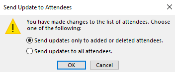 Screenshot of the Send update to Attendees prompt with two options.