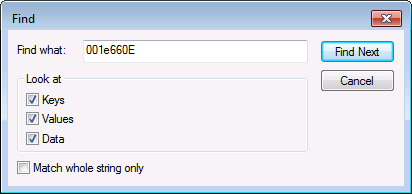 Screenshot of the Find dialog box of Registry Editor.