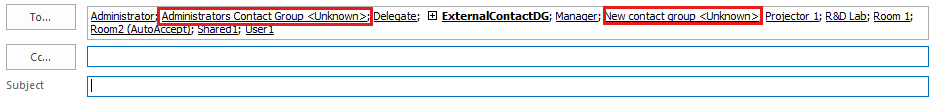 Screenshot of email address bar in Outlook when you expand two contact groups and the text Unknown appears at the end of the group name.