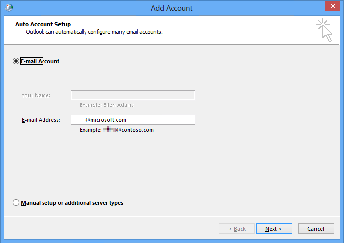 Screenshot of the Add Account window where you can select Next after Outlook finds your account information.