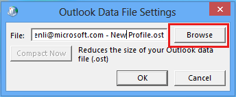 Screenshot of the Outlook Data File Settings window with the Browse button.