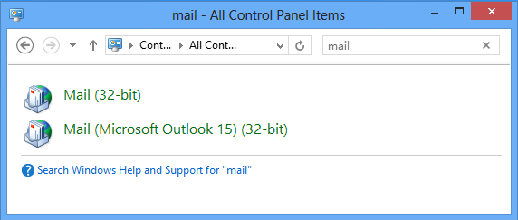 Screenshot of the result after searching for the Mail item in Control Panel.