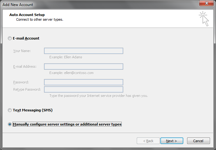 Select the Manually configure server settings or additional server types option to add a new account.