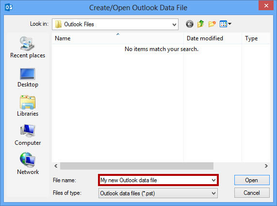 Screenshot for creating a new Outlook data file.
