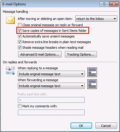 Screenshot shows steps to enable the Save copies of messages in the Sent Items folder option in Outlook 2007.