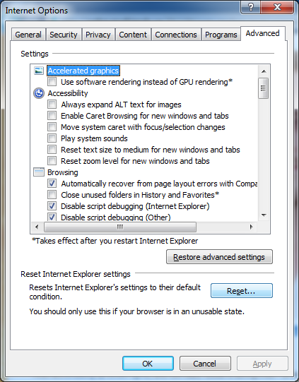 Screenshot of the Reset button on Advanced tab of Internet Options.
