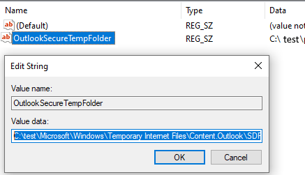 Screenshot of the value of OutlookSecureTempFolder registry key.