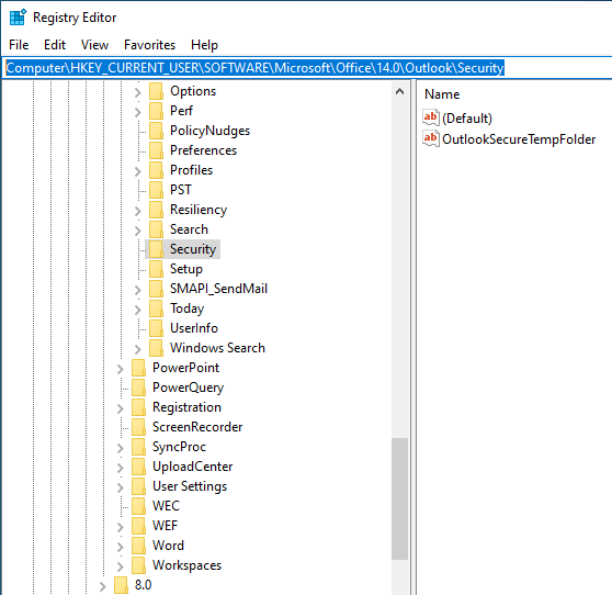 Screenshot of the Security subkey in the registry subkey list and its path in the bottom of the window.