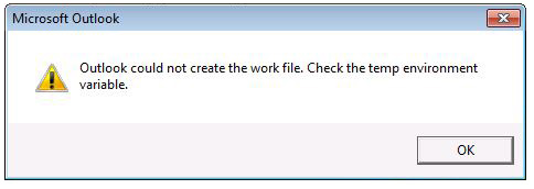 Screenshot of the Outlook work file error.