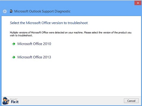 Screenshot of selecting Office version in the Outlook Support Diagnostic.