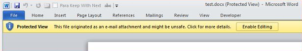Screenshot of the notification in Outlook 2010.