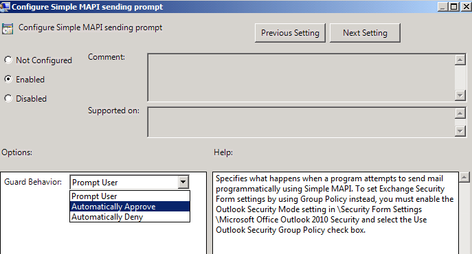 Screenshot for Guard Behavior options.