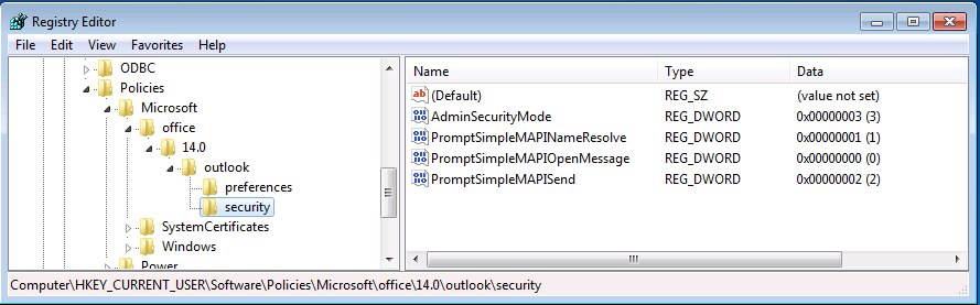 Screenshot for all three Simple MAPI policies are configured.