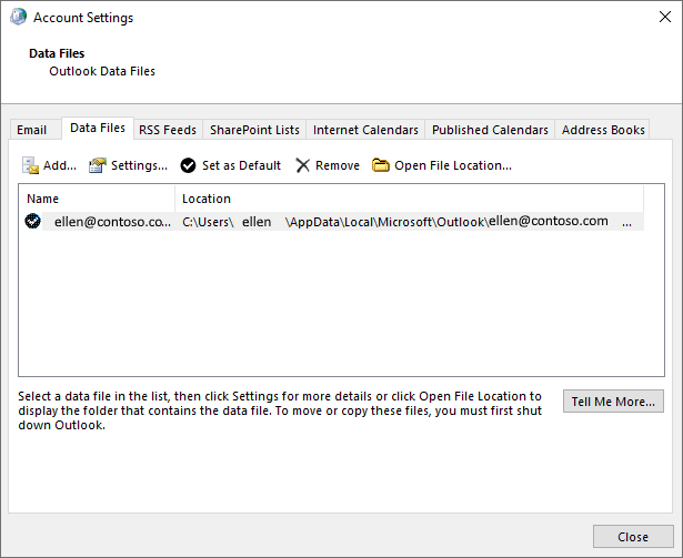 Screenshot of the Account Settings dialog box. Under the Data Files tab, the default data file is shown.