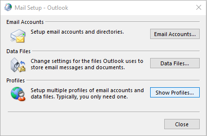 Screenshot of the Mail Setup - Outlook dialog box. Show Profiles button is highlighted.