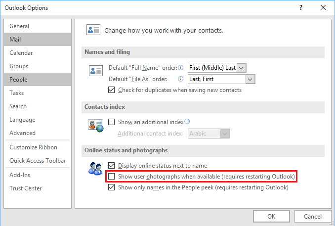 Screenshot of the Show user photographs option in the People tab of Outlook Options.