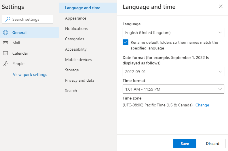 Screenshot of the OWA Settings page in which you have to change the language and date and time format.