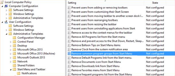 Screenshot shows the location of the Remove common program groups from Start Menu setting.