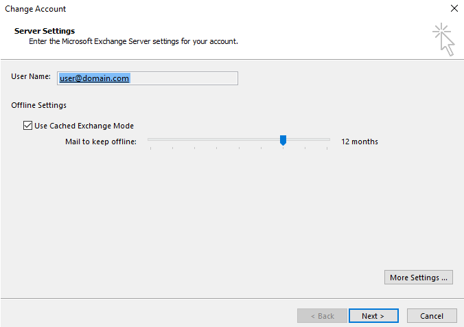 Screenshot shows the Mail to keep offline setting is set to 12 months in Change Account dialog box.