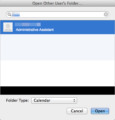 Screenshot of the Open Other User's Folder window with the Calendar option selected in the Folder Type.