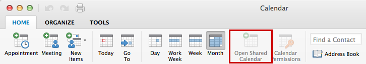 Screenshot shows that the Open Shared Calendar button on the Calendar ribbon is unavailable.