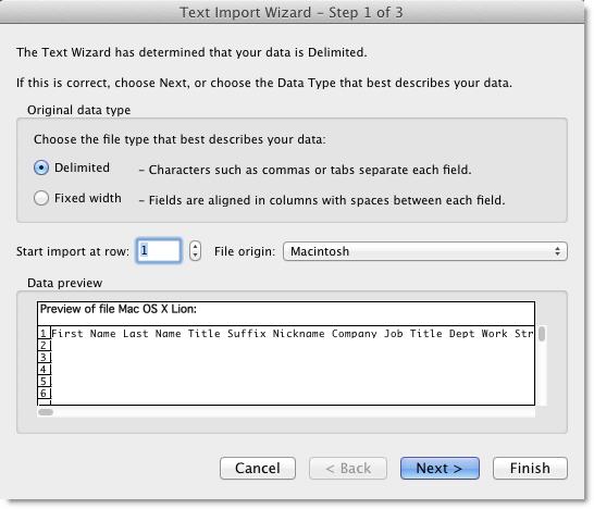 Screenshot of the Text Import Wizard, showing the delimited file type is selected.