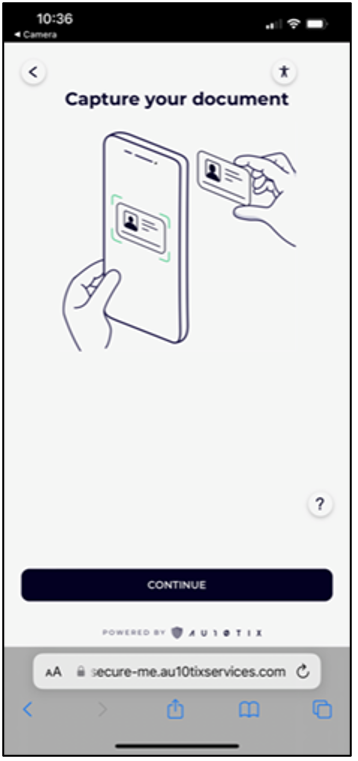 Screenshot of the AU10TIX page on a mobile device: Capture your document. An illustration shows a camera taking a picture of an ID card.