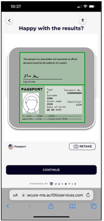 Screenshot of the AU10TIX page on a mobile device, with the text: Happy with the results? A picture of the ID card is shown, with the option: RETAKE.