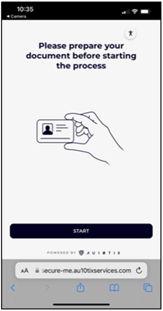 Screenshot of the AU10TIX page on a mobile device, with the text: Please prepare your document before starting the process. An illustration shows a hand holding an ID card.