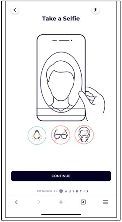 Screenshot of the AU10TIX page on a mobile device, with the text: Take a selfie. An illustration shows taking a picture of yourself.