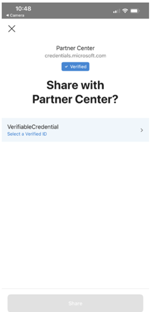 Screenshot of the Microsoft Authenticator page on a mobile device, with the title: Share with Partner Center? and a selection: VerifiableCredential.