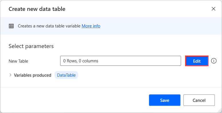 Screenshot of the Create new data table action.