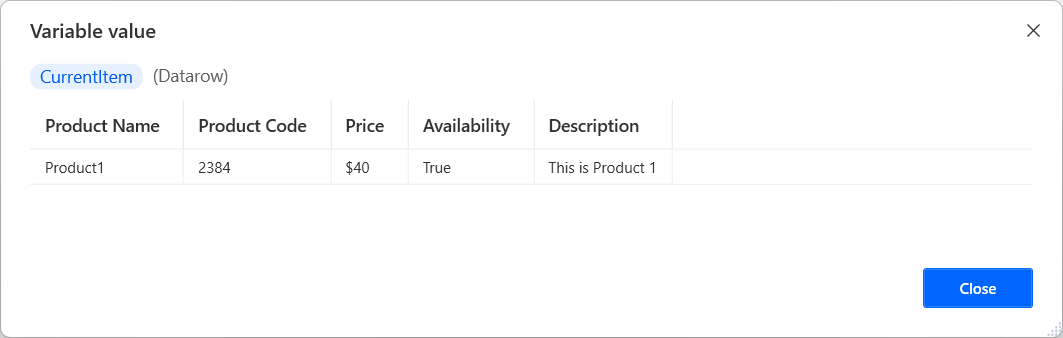 Screenshot of the contents of a datarow variable.