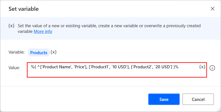 Screenshot of a Set variable action that creates a new datatable with column headers.