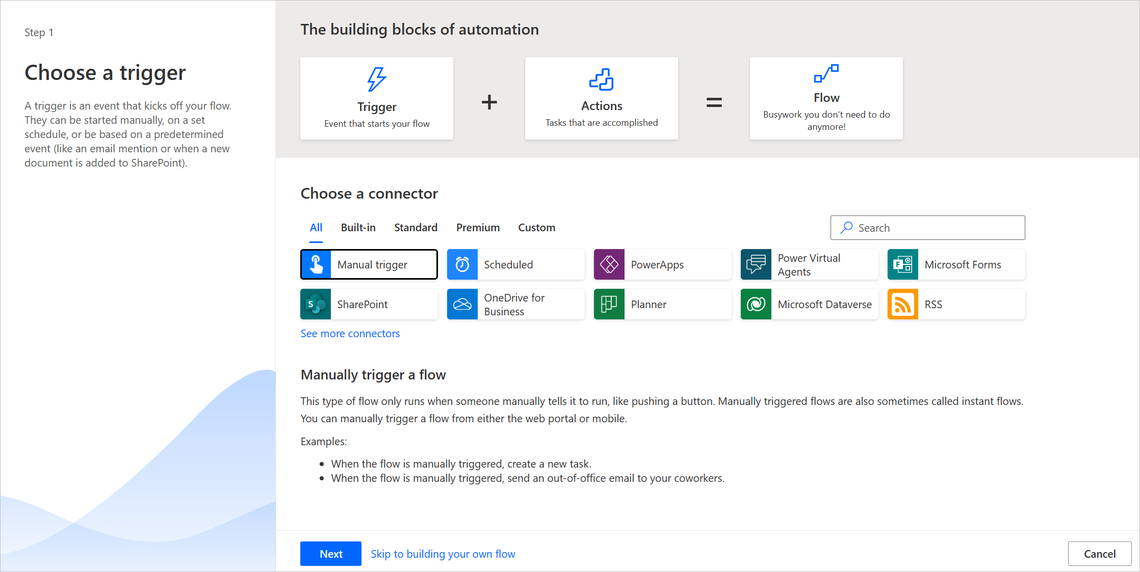 Screenshot of the Build an instant cloud flow dialog.