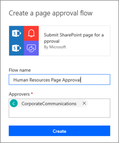 Image of the Create a page approval flow pane