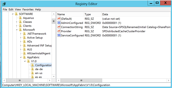 Screenshot of Registry Editor, verifying that the ConnectionString value of the HKLM\SOFTWARE\Microsoft\AppFabric\V1.0\Configuration key is updated.