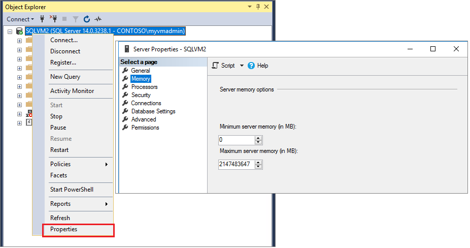 Screenshot of the memory configuration options in SSMS.